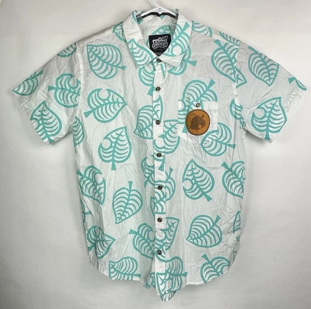Animal Crossing: New Horizons Tom Nook Leaf Pattern Woven Button-Up Shirt XL